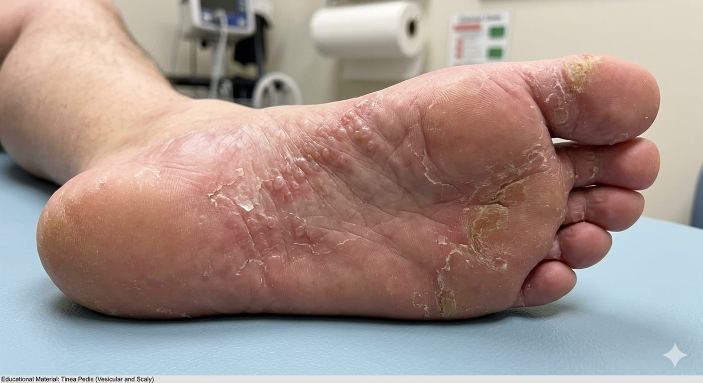 Moccasin-distribution athlete's foot — fine scaling and peeling spreading diffusely across the sole, contrasting with the sharp borders and silvery thick scale of psoriasis