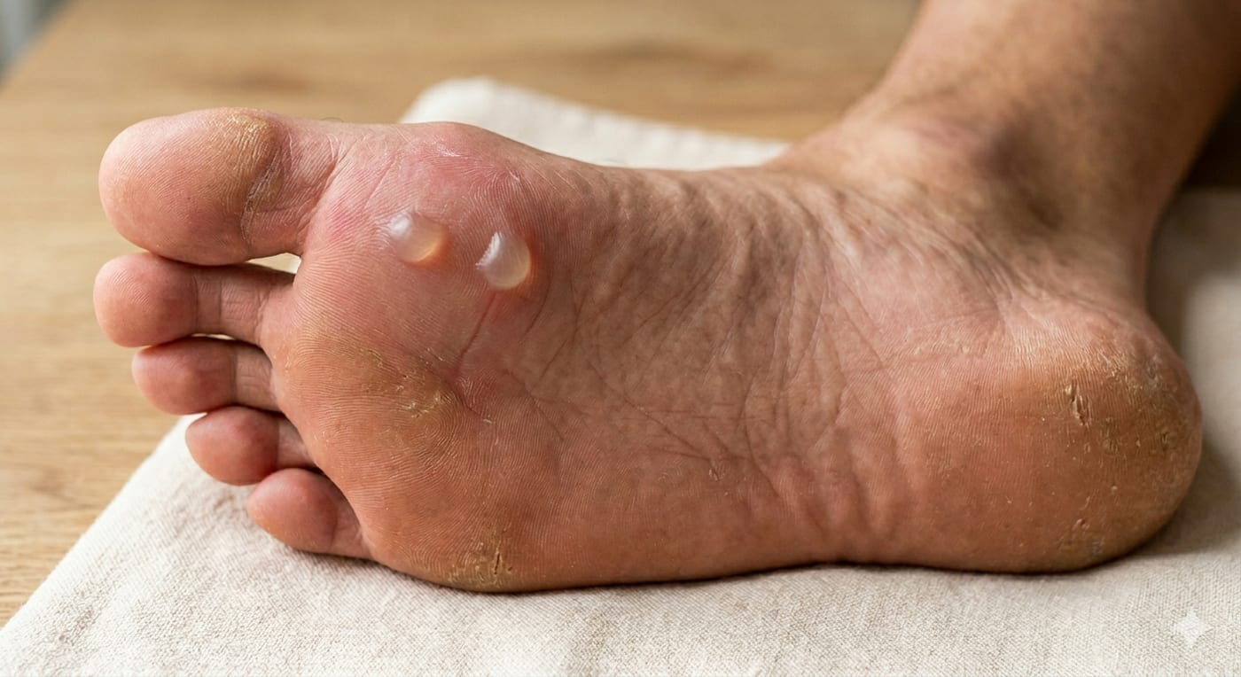 Friction blisters on the ball of the foot — the typical location after long walks, runs, or breaking in new shoes.