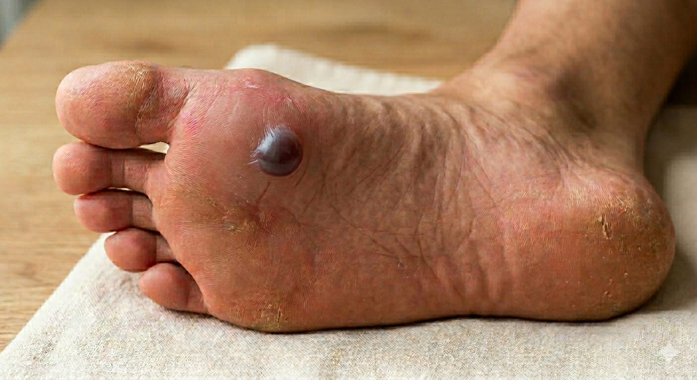 A blood blister on the ball of the foot — dark reddish-purple, contrasting with clear-fluid friction blisters