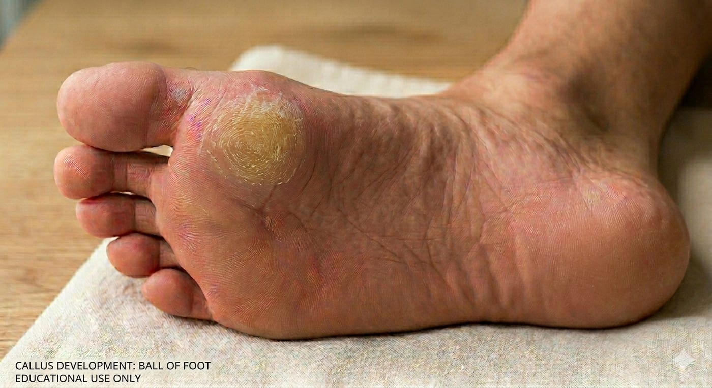 A callus on the ball of the foot — thickened, yellowish, diffuse skin where pressure concentrates under the metatarsal heads.