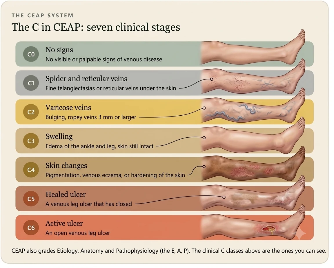 CEAP clinical classification of chronic venous disease, stages C0 to C6. C0: no visible signs. C1: spider and reticular veins. C2: varicose veins. C3: swelling (edema) of the ankle and leg with intact skin. C4: skin changes including brown pigmentation, venous eczema, or hardening of the skin. C5: a healed venous ulcer. C6: an active open venous ulcer above the inner ankle.
