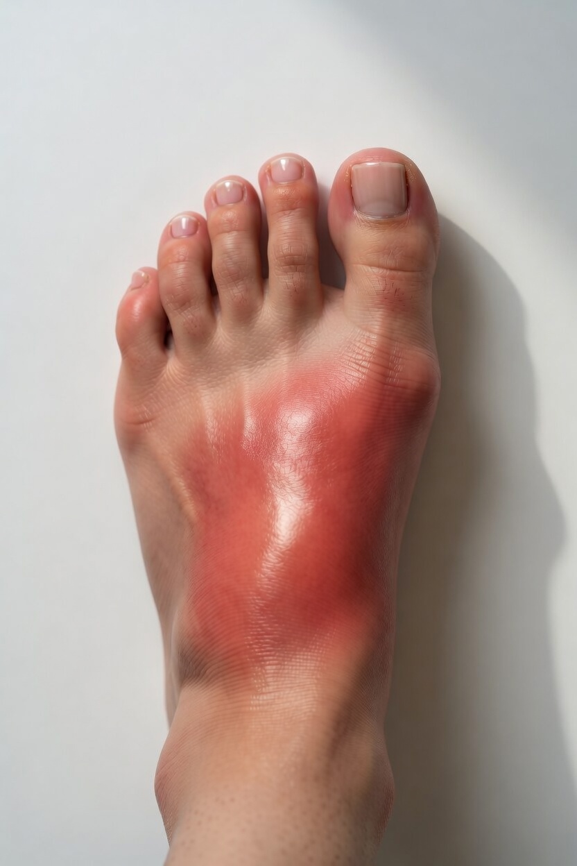 Cellulitis of the foot — diffuse redness, warmth, and swelling spreading across the dorsum. Borders are typically poorly defined.