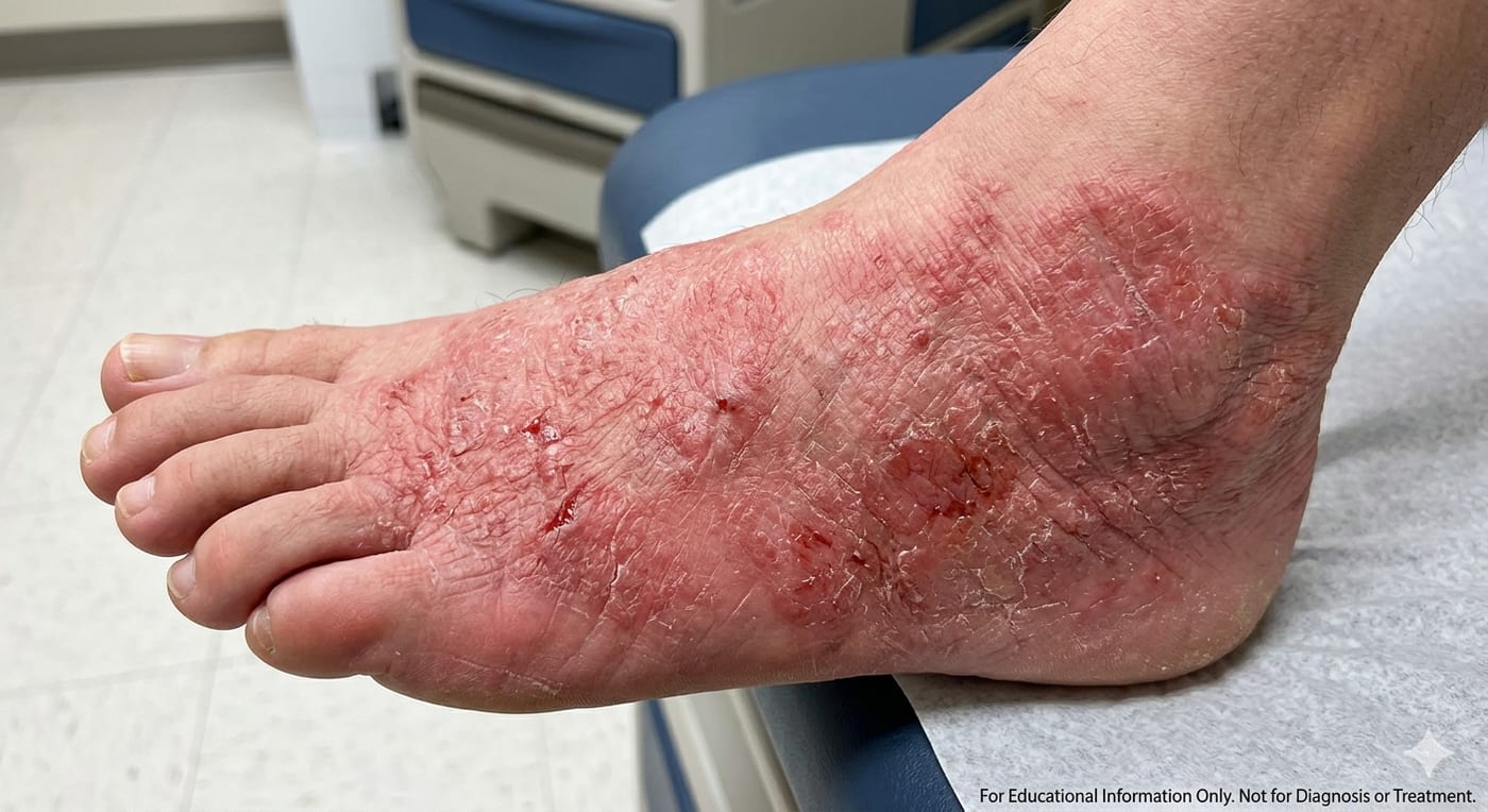 Contact dermatitis on the dorsum of the foot — diffuse erythema following the area in contact with the offending material (commonly a shoe upper, strap, or topical product).