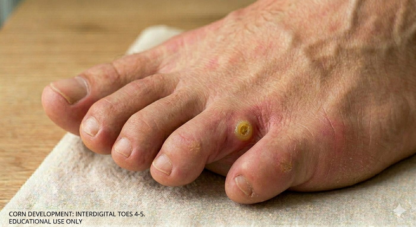 A corn between the 4th and 5th toes — small, focal, with a hard yellow center, contrasting with the broader callus shown above