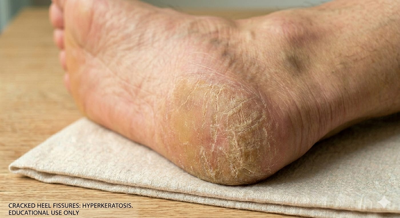 Typical cracked heels — thickened, dry skin (hyperkeratosis) with shallow fissures along the heel margin where the heel pad spreads and splits under load.