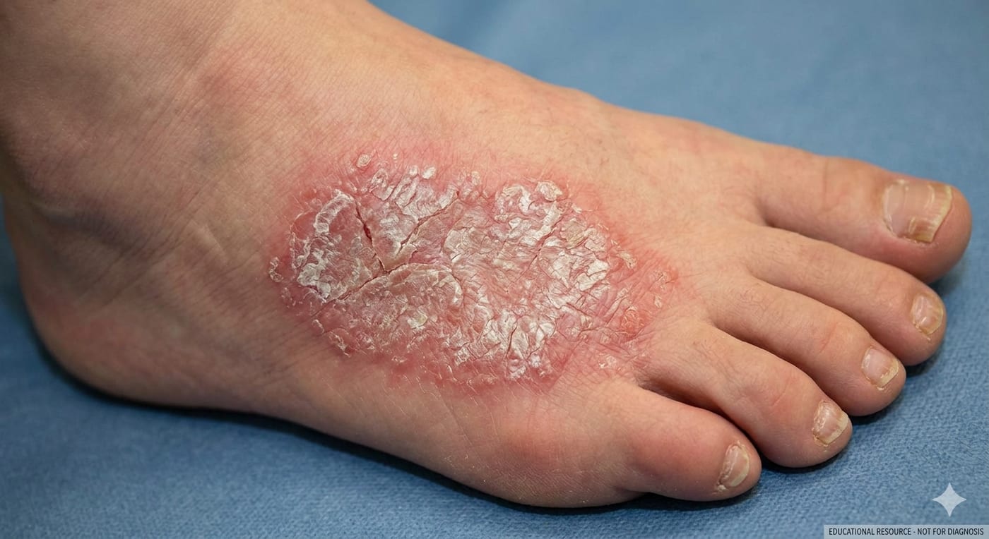 A psoriatic plaque on the dorsum of the foot — sharply demarcated red patch with thick, silvery-white scale. Unlike athlete's foot, the borders are well-defined and antifungals don't help.