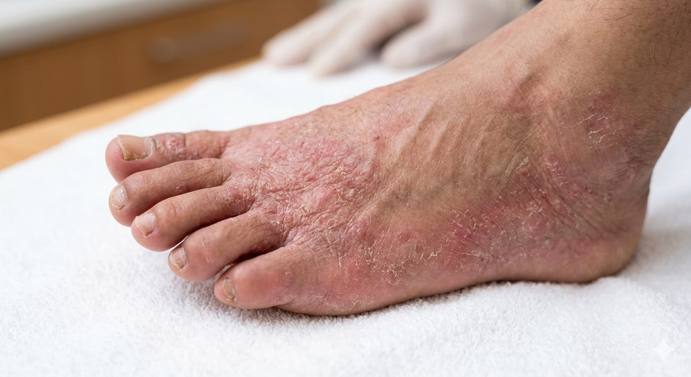 Chronic atopic eczema across the dorsum of the foot — diffuse erythema and fine scaling without sharp borders, contrasting with the sharply demarcated silvery plaques of psoriasis