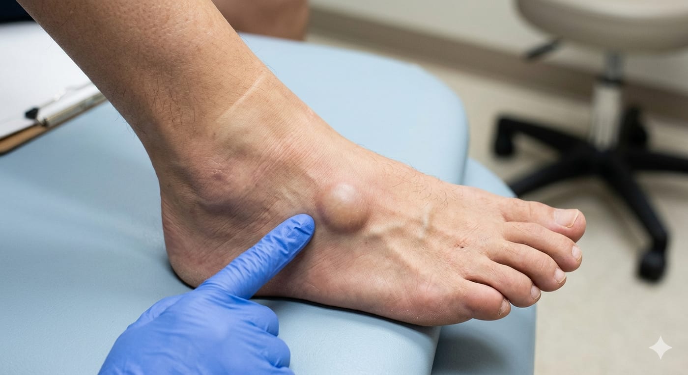 A ganglion cyst on the dorsum of the foot — a soft, fluctuant bump arising from a tendon sheath or joint capsule, examined by a clinician. Most are benign but warrant evaluation for proper diagnosis.