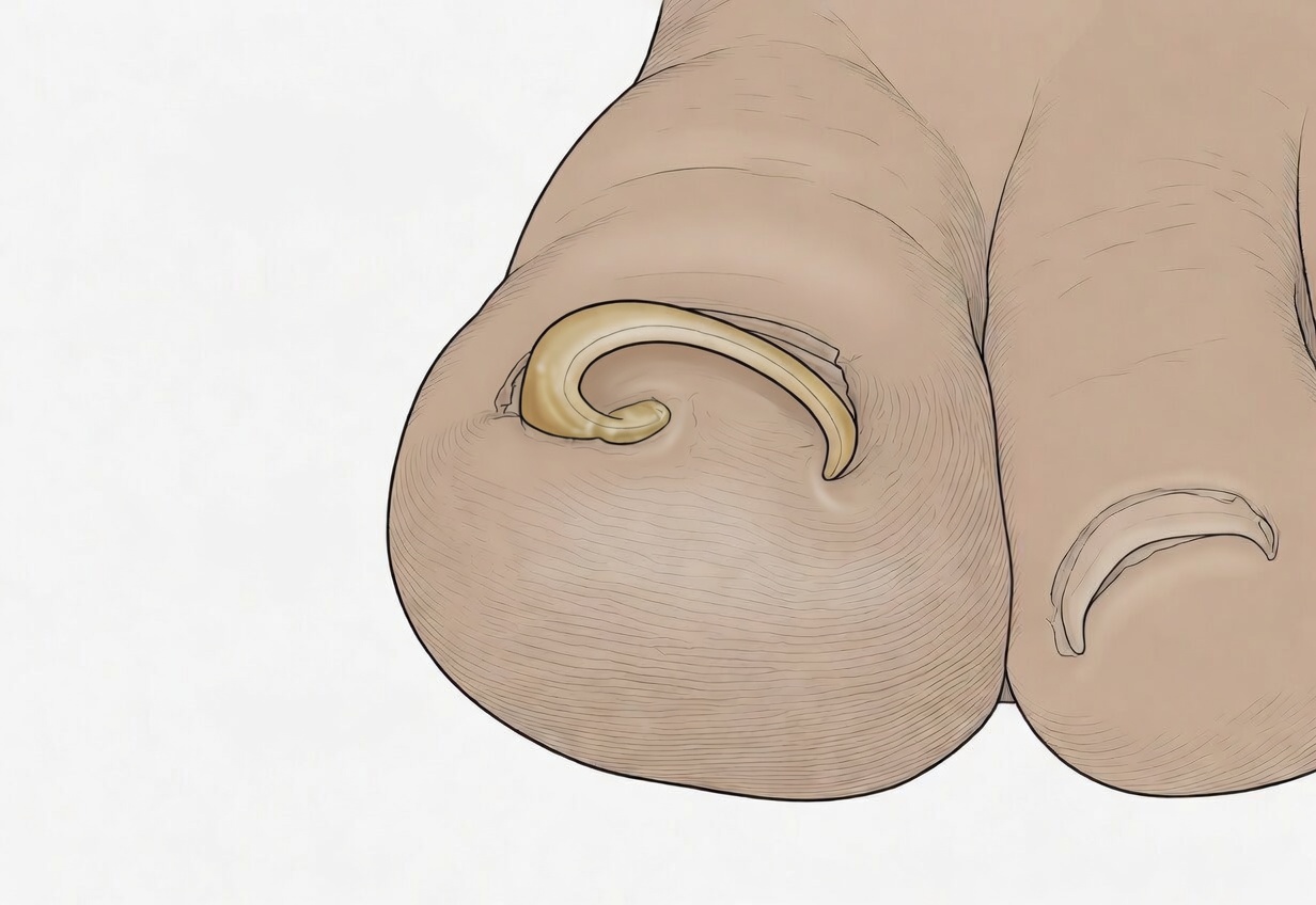 Illustration of an ingrown toenail showing how the lateral nail edge curls downward and pierces the soft tissue of the nail fold, causing inflammation in the surrounding skin