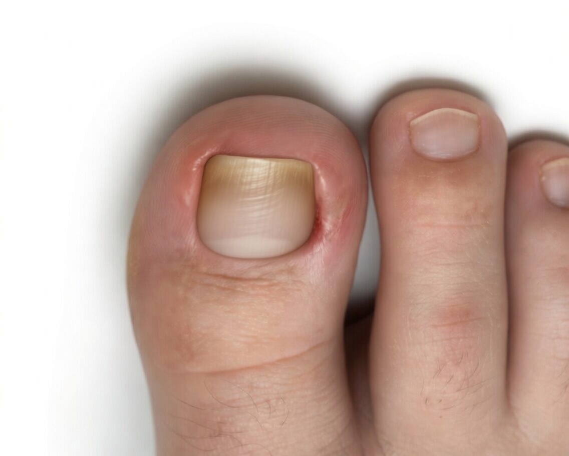 Clinical photograph of an early ingrown toenail of the great toe — visible redness and swelling along both nail folds without obvious pus, with otherwise normal-appearing nail