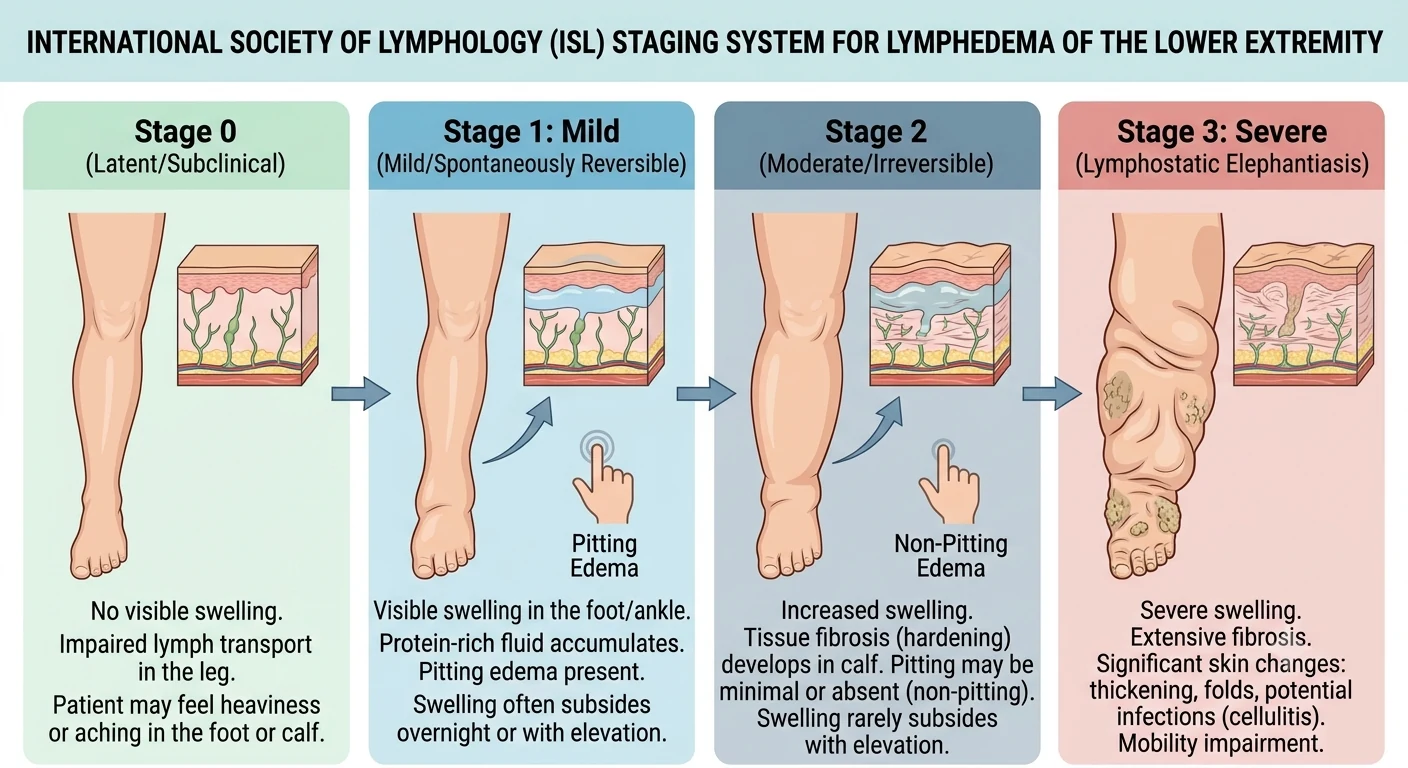 International Society of Lymphology (ISL) staging of lower-limb lymphedema, Stages 0 to 3. Stage 0 (latent/subclinical): no visible swelling but impaired lymph transport, with heaviness or aching. Stage 1 (mild, reversible): visible foot and ankle swelling with pitting edema that subsides overnight or with elevation. Stage 2 (moderate, irreversible): increased swelling with tissue fibrosis and non-pitting edema that rarely subsides with elevation. Stage 3 (severe, lymphostatic elephantiasis): extensive fibrosis, skin thickening and folds, risk of cellulitis, and mobility impairment.