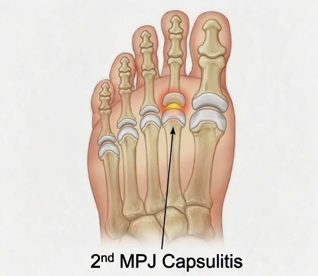 Inflammation of the second metatarsophalangeal (MTP) joint capsule. The synovial lining and surrounding ligaments become irritated from chronic overload, producing the focal ball-of-foot pain that defines the condition. Often the early warning before progression to a plantar plate tear.
