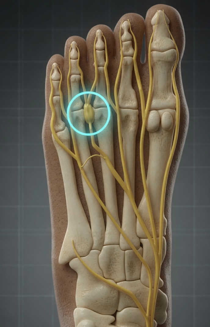 Anatomy of an intermetatarsal neuroma — the interdigital nerve becomes thickened and irritated where it passes between the metatarsal heads, classically in the third web space. The compression causes burning, tingling, or electric pain that often radiates into the adjacent toes.