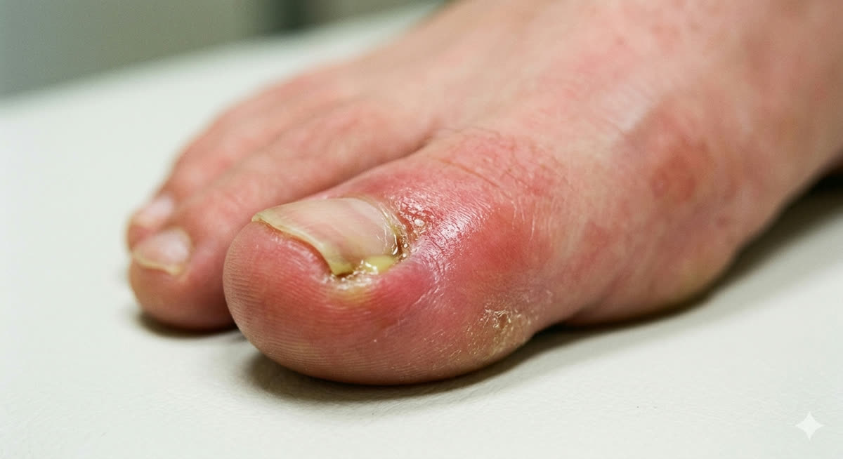 Paronychia of the great toenail along the medial border — visible redness and purulence (pus discharge) around the nail fold are clear signs of bacterial infection. Often follows an [ingrown toenail](/conditions/ingrown-toenails/) or recent nail trauma. Acute cases like this are usually bacterial; chronic cases (weeks to months) are often fungal.