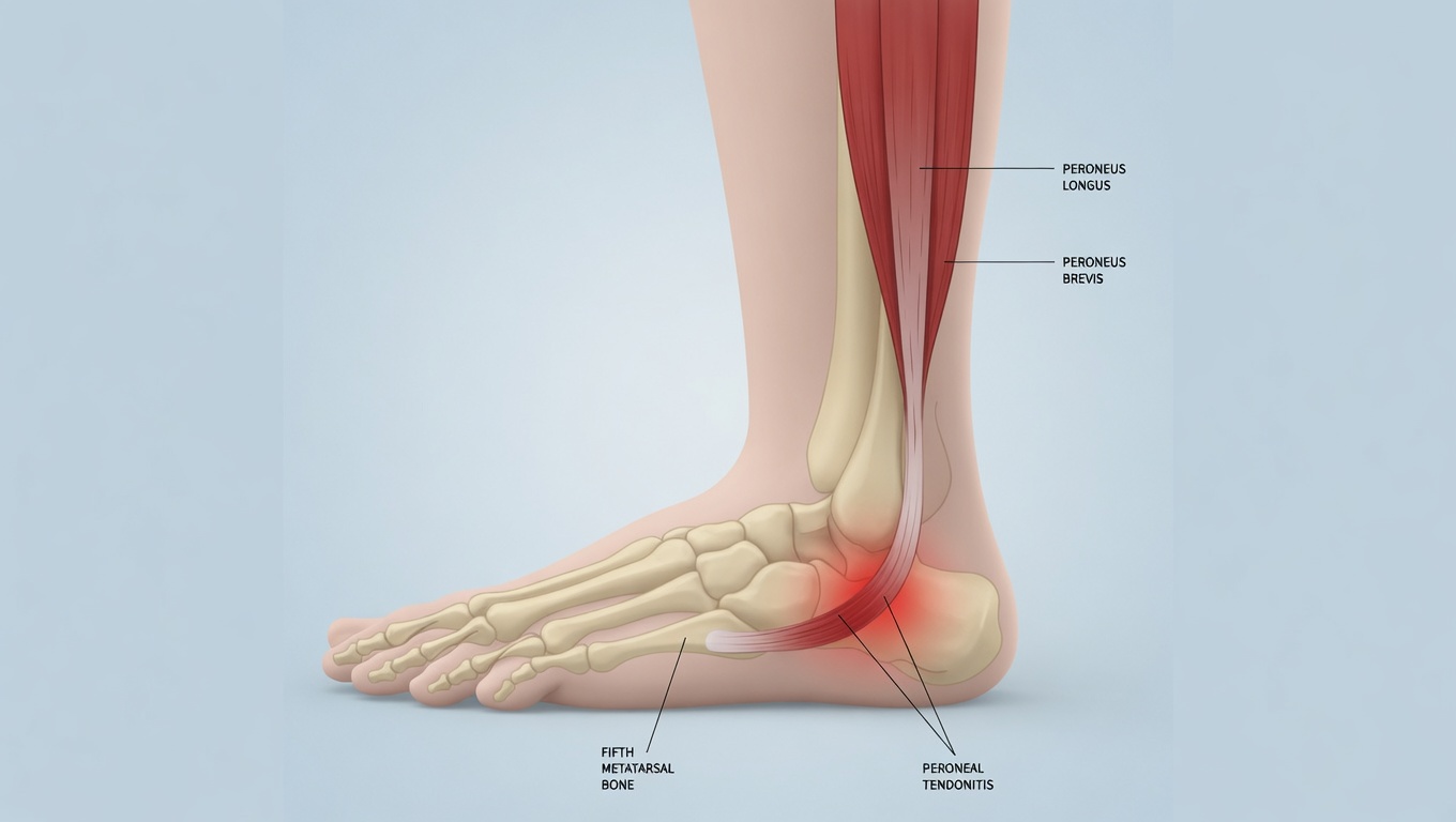 Lateral view of the foot and ankle showing the peroneus longus and brevis muscles running down the outside of the lower leg, with their tendons curving behind the lateral malleolus. Red highlighting marks the typical location of pain in peroneal tendinitis.