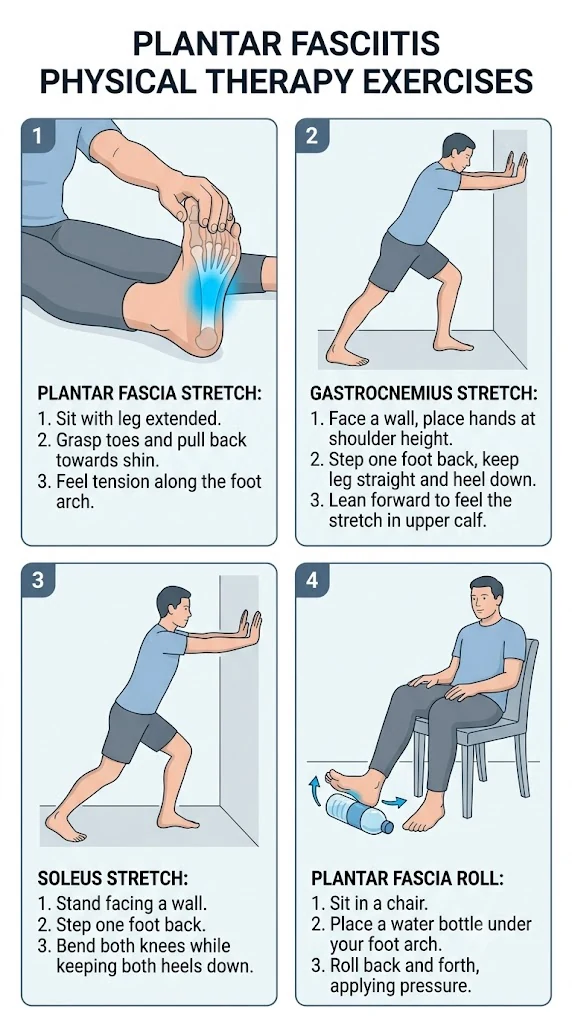 Four plantar fasciitis exercises: 1) plantar fascia stretch, sitting with the leg extended, grasping the toes and pulling them back toward the shin to feel tension along the arch; 2) gastrocnemius stretch, hands on a wall, back leg straight with the heel down, leaning forward; 3) soleus stretch, same wall position with both knees bent and heels down; 4) plantar fascia roll, seated, rolling a water bottle back and forth under the arch.