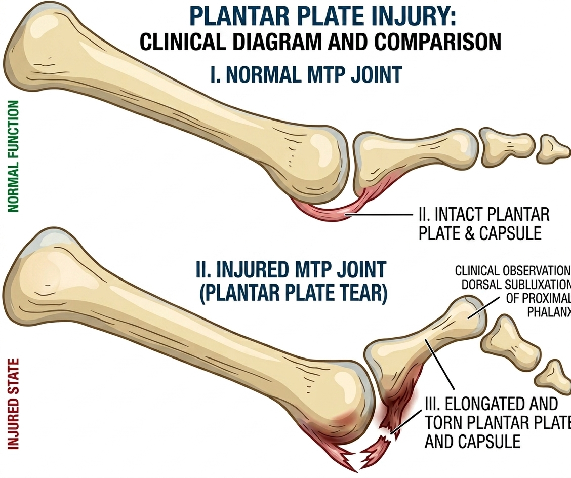Plantar plate injury — clinical comparison. Top: a normal MTP joint with an intact plantar plate and capsule cradling the bottom of the joint. Bottom: an injured MTP joint where the plantar plate has stretched and torn, allowing the proximal phalanx to dorsally sublux (drift upward) — the mechanism behind 'crossover' and 'floating' toes.
