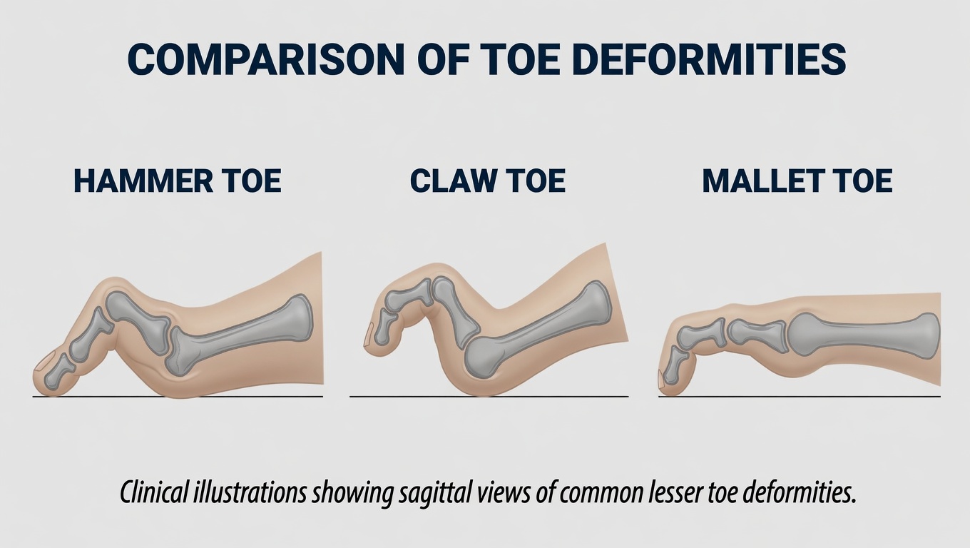 Side-by-side illustrated comparison of hammer toe, claw toe, and mallet toe — three sagittal-view illustrations arranged horizontally showing which joints are bent in each deformity. Hammer toe bends at the middle (PIP) joint. Claw toe shows the base joint extended upward and the middle and tip joints bent downward. Mallet toe bends only at the tip (DIP) joint.